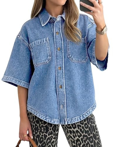 Women's Denim Shirt, Button Down Short Sleeve Jean Shirts Casual Top Outfits Trendy | Amazon (US)