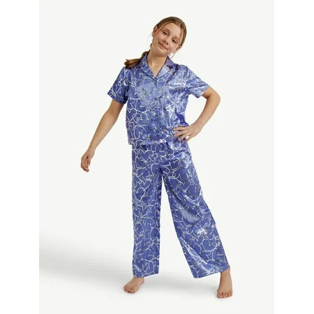 Justice Girls Satin Short Sleeve Button Front Sleep Top and Sleep Pants, 2-Piece, Sizes 5-18 & Plus | Walmart (US)