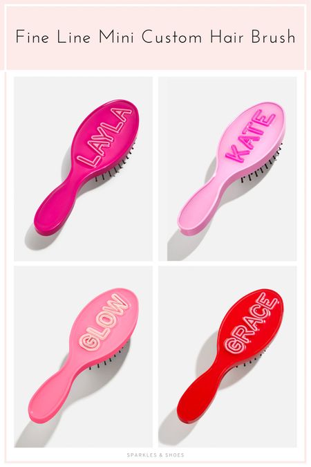 How fun are these Fine Line Mini Custom Hair Brush? They are a #Baublebar bestseller and the perfect on-the-go accessory. Its petite size and durable finish make it ideal for throwing in a purse, carry-on, beach bag, or car. Add your name, initials, or a favorite phrase to make it 100% yours. The letters on the Fine Line Mini Custom Hair Brush are crafted with a chic outline treatment, offering elegant negative space in between your personalization.

