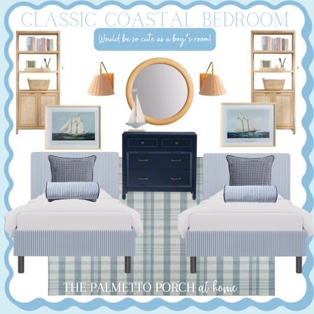 Classic coastal boys/blue bedroom design look for less | blue white striped beds | navy dresser | rattan sconce lighting | bookshelf | classic coastal rug | Serena & lily inspired look

#LTKhome