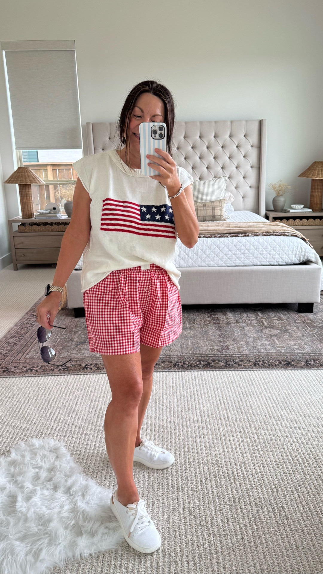 Amazon summer outfit you’ll wear on repeat 🇺🇸 this easy everyday look features a relaxed graphic tee and lightweight gingham shorts that are perfect for warm weather, casual errands, travel days, and holiday weekends. everything is affordable, comfortable, and easy to mix and match. wearing a size small in both and loving the fit. perfect red white and blue outfit idea for summer, casual outfit inspiration, amazon fashion finds, everyday style, vacation outfit, comfy summer clothes, affordable outfits, patriotic outfit idea, casual mom style, simple summer look. This outfit works for as a spring outfit 2026 too  Follow me on LTK for daily fashion, home decor & Amazon finds.

#LTKootd #LTKmomlife #LTKvlog