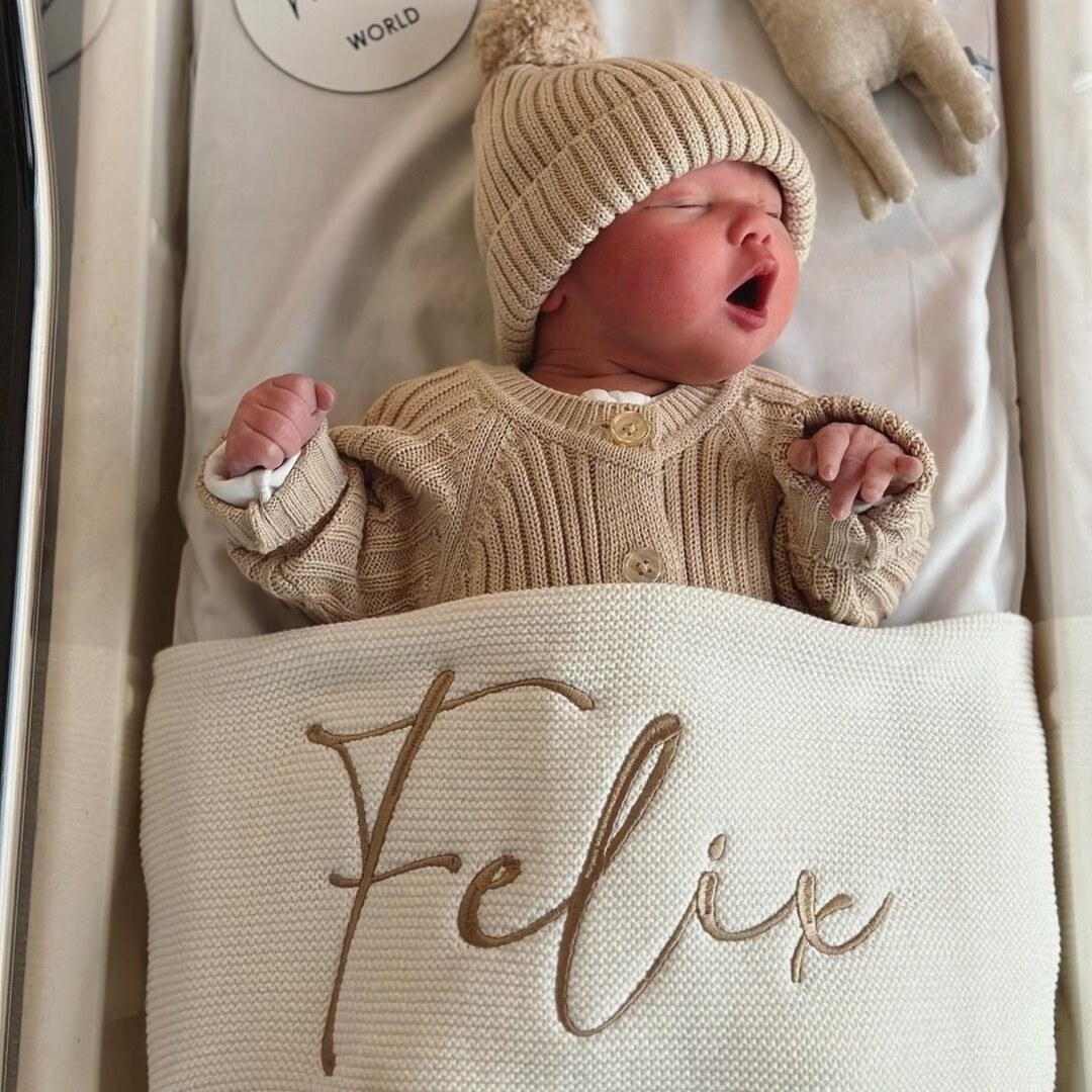 Off White Knitted Baby Blanket With Embroidery - Etsy | Etsy (US)