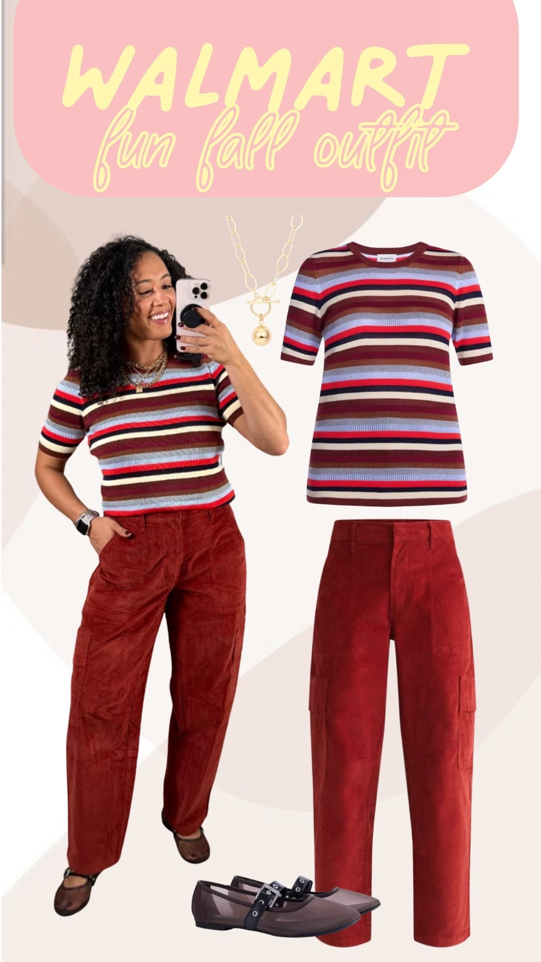 We are loving this Walmart fall outfit with the striped top and rich burgundy pants. The flats and gold necklace pull everything together for an easy look for cooler days.

#LTKdayinmylife #LTKgrwm #LTKootd