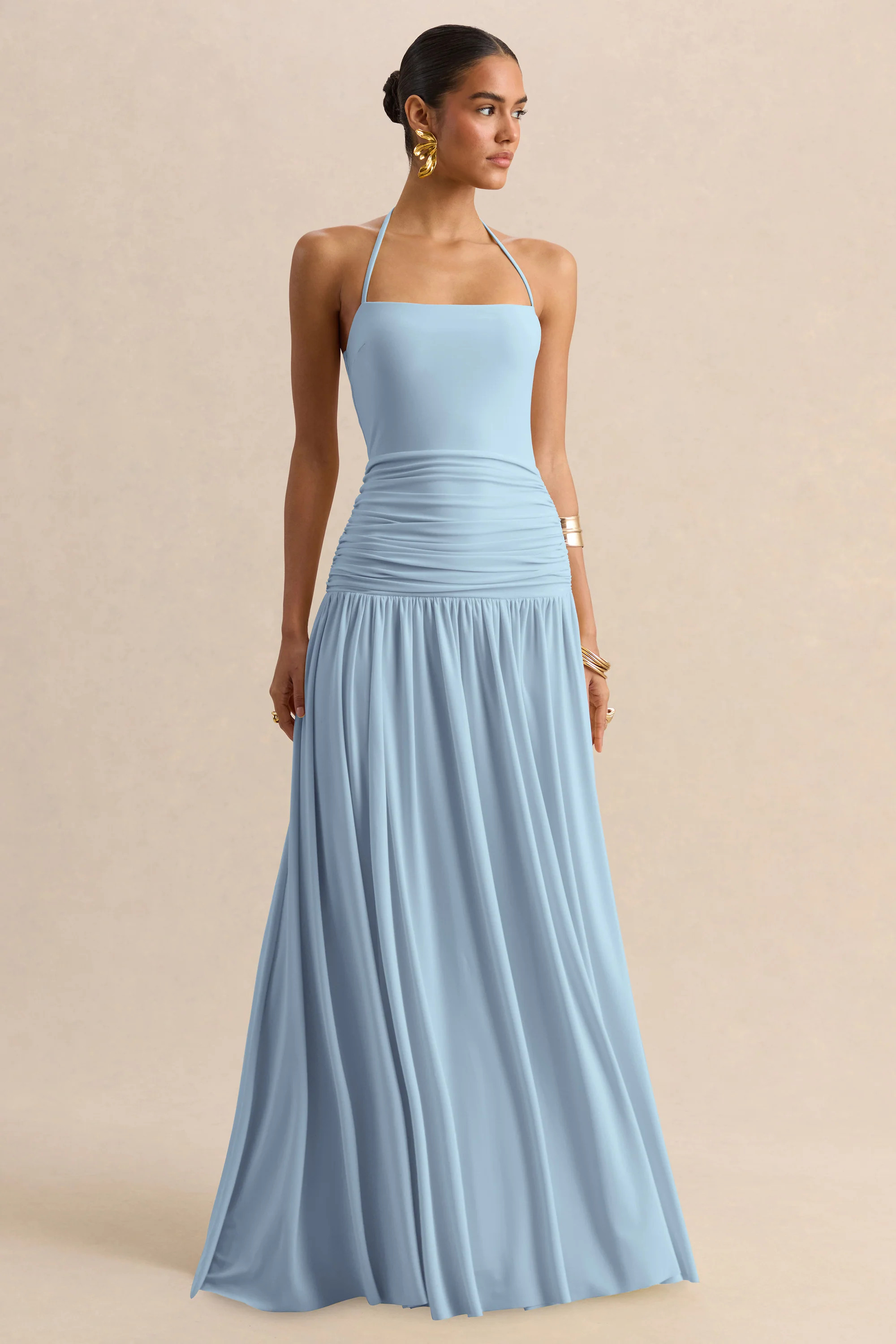Nicolette | Powder Blue Square-Neck Maxi Dress With Ruched-Detailing | Club L London