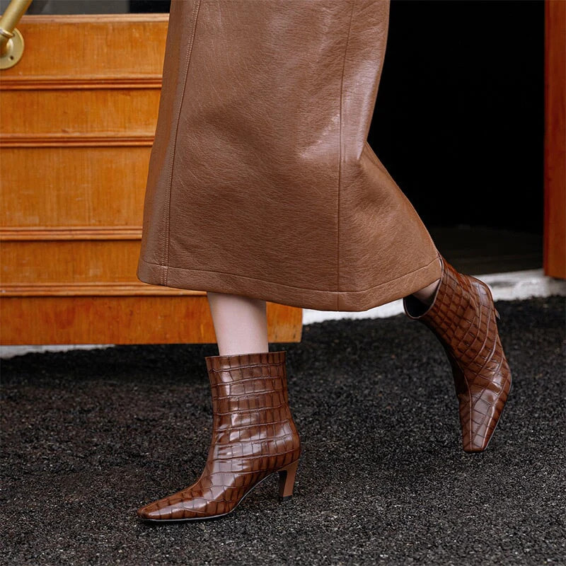Women's 60mm Kitten Heel Ankle Boots in Crocodile-Embossed Cowhide Leather Slimming Boots | DWARVES LLC