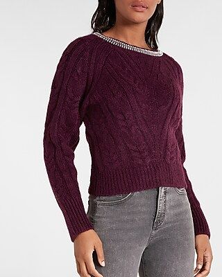 Cable Knit Embellished Neckline Sweater | Express