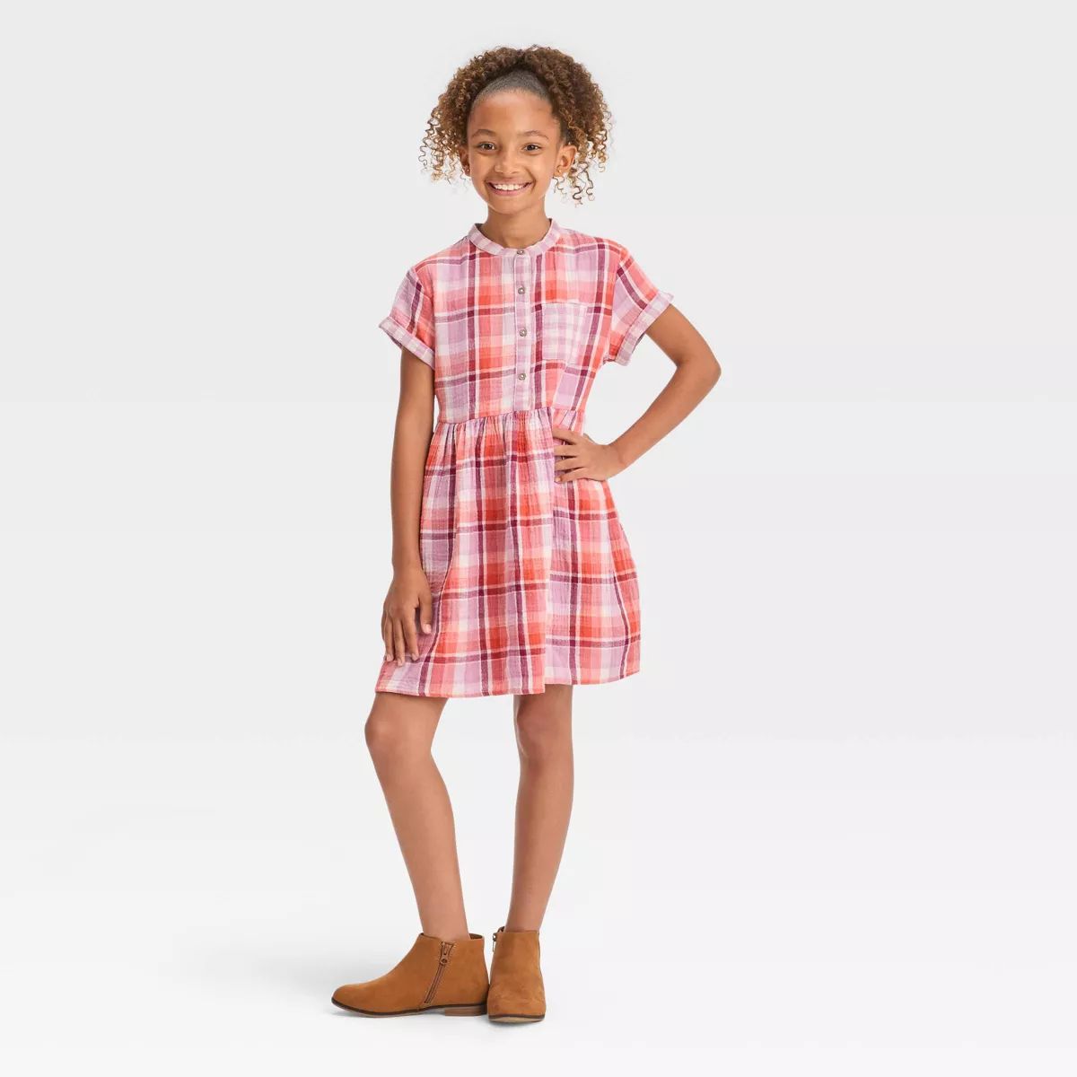 Girls' Short Sleeve Woven Dress - Cat & Jack™ Orange Plaid | Target