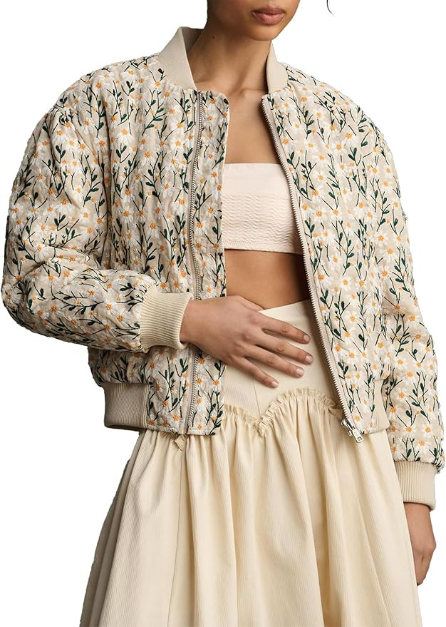 Women’s Floral Bomber Jacket Cropped Zipper Down Long Sleeve Daisy Padded Coat Outwear with Poc... | Amazon (US)