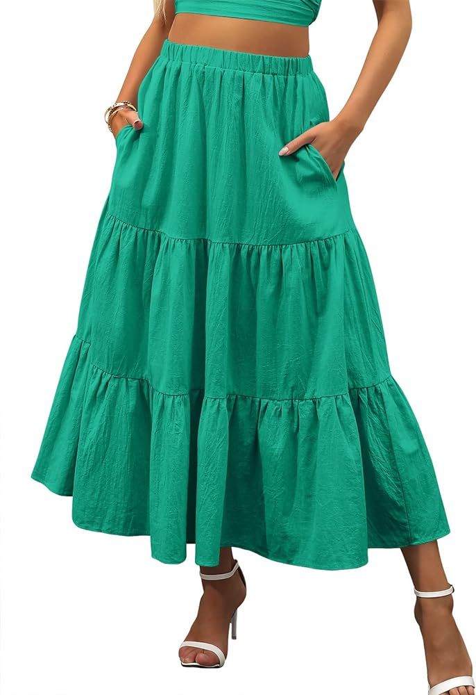 ANRABESS Women’s Summer Boho Elastic Waist Pleated A-Line Flowy Swing Tiered Long Beach Skirt Dress  | Amazon (US)