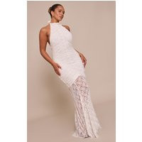 Shape White Lace Ruched High Neck Dropped Hem Maxi Dress | PrettyLittleThing US
