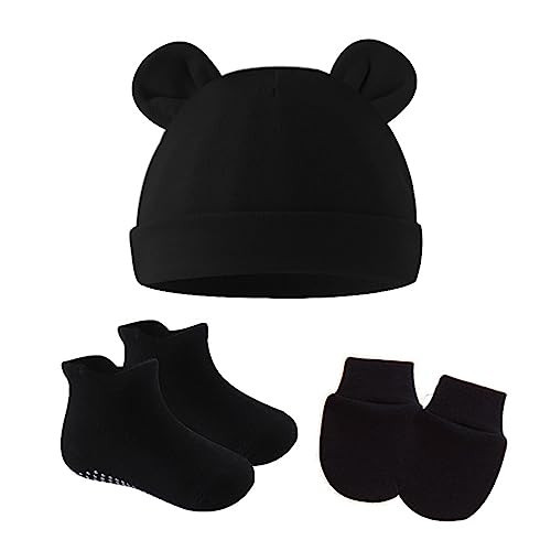 UTTPLL Newborn-Mittens-Socks-Girls-Beanie Baby Hat Bear Ears Infant Caps No Scratch Gloves and Socks Set Toddler Boy Hospital Beanies 0-6 Month B Black | Amazon (US)