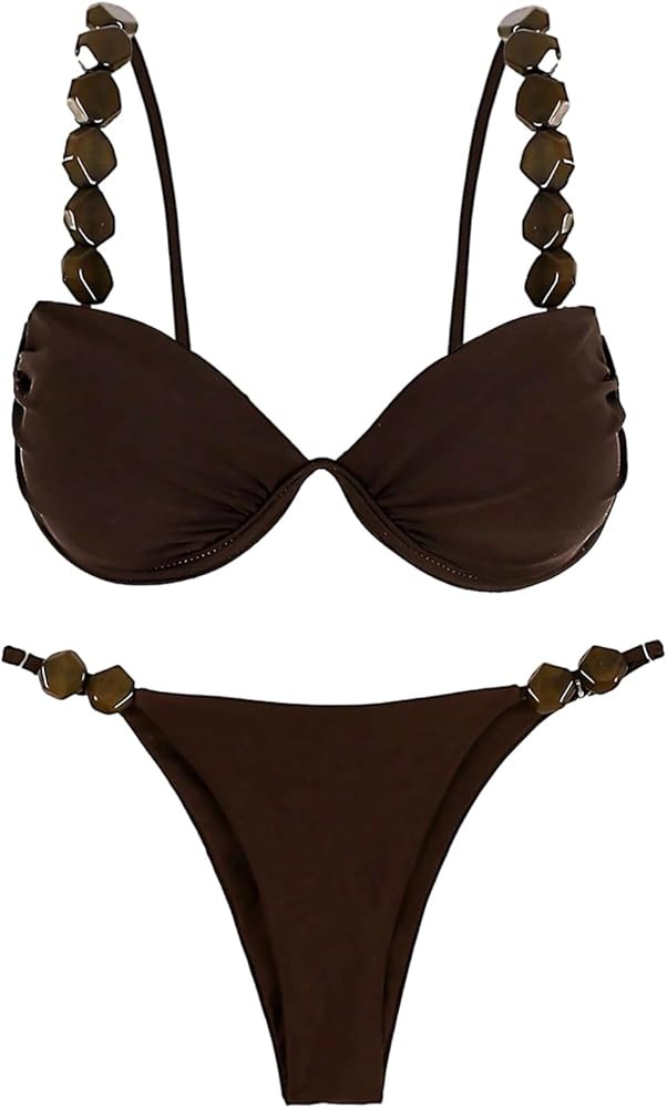 GORGLITTER Women's String Thong Bikini Set High Cut Push Up Triangle Sexy Beaded Swimsuits Bathin... | Amazon (US)