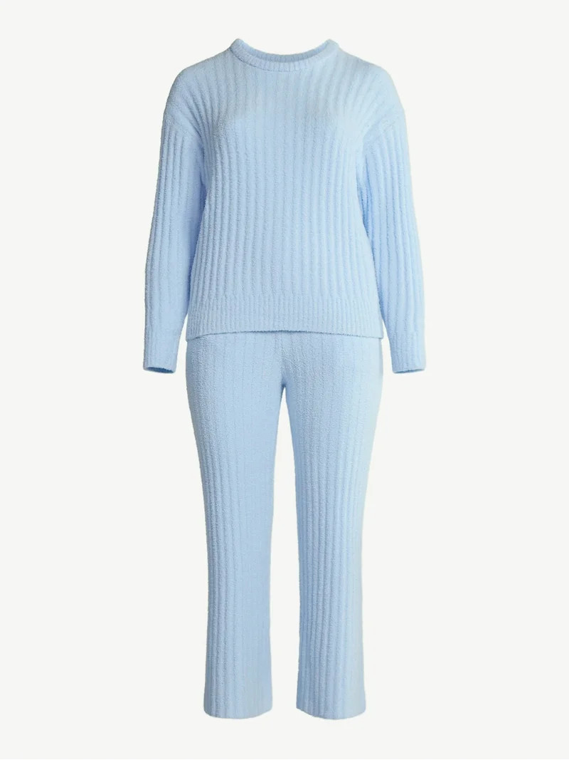 Joyspun Women's Cozy Ribbed Crewneck Top and Wide-Leg Pants Set, 2-Piece, Sizes XS-3X | Walmart (US)