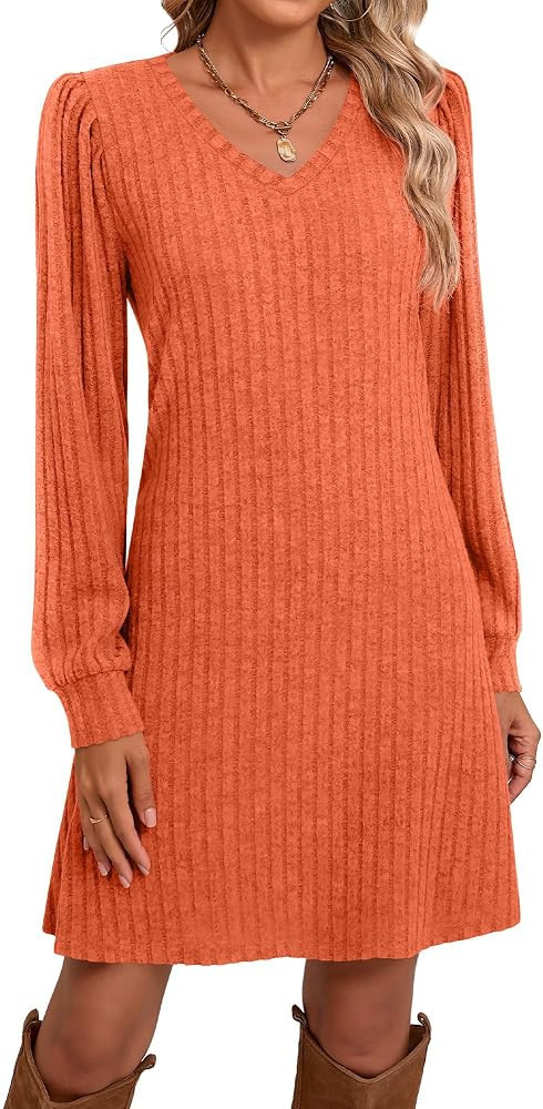 Ficerd Women's Knit Long Sleeve Sweater Dress Casual V Neck Tunic Dresses Fall Trendy Outfits | Amazon (US)