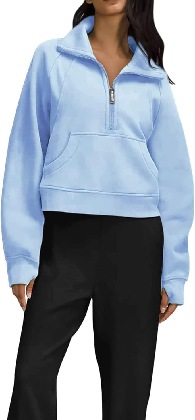Women Cropped Half Zip Up Hoodie Fleece Lined Collar Pullover Sweater Long Sleeve Crop Top Workou... | Amazon (US)