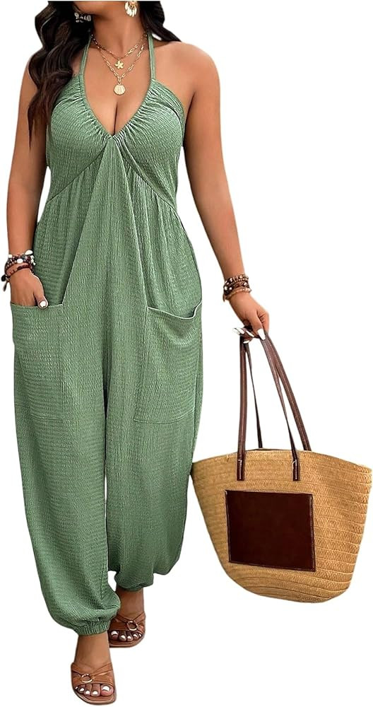 WDIRARA Women's Plus Size Backless Halter Jumpsuit Deep V Neck Sleeveless Pants Romper | Amazon (US)