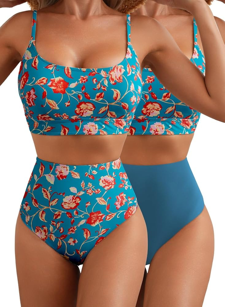 Herseas 2 Piece High Waisted Bikini Set for Women 2025 Spaghetti Straps Swim Top with Reversible ... | Amazon (US)