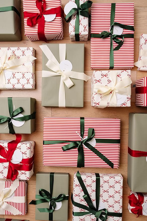 Merry Market 3-pack Premium Matte Christmas Wrapping Paper, Minimal Holiday Gift Wrap, Bows, Red ... | Amazon (US)