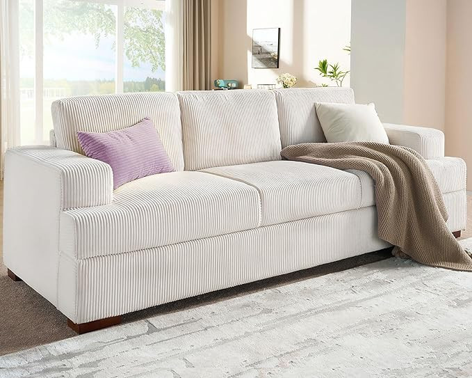 VanAcc 89in Comfy Couch, 3 Seater Sofa with Wood Legs, Deep Seat Sofa- White Corduroy Modern Sofa... | Amazon (US)