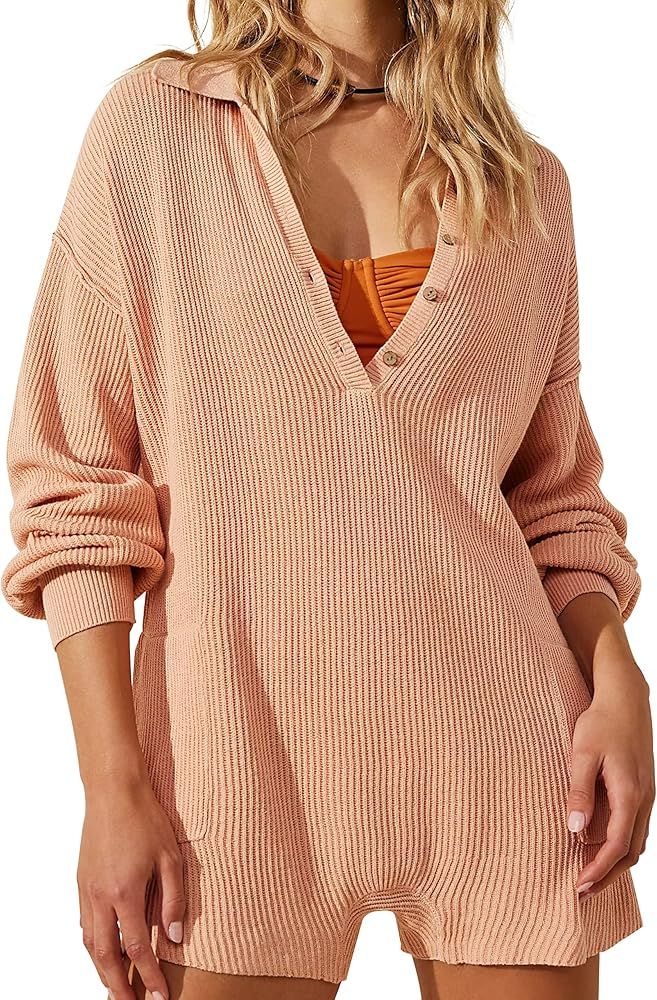 Women Long Sleeve Knit Sweater Rompers V Neck Button Down Lounge Wear with Pockets | Amazon (US)