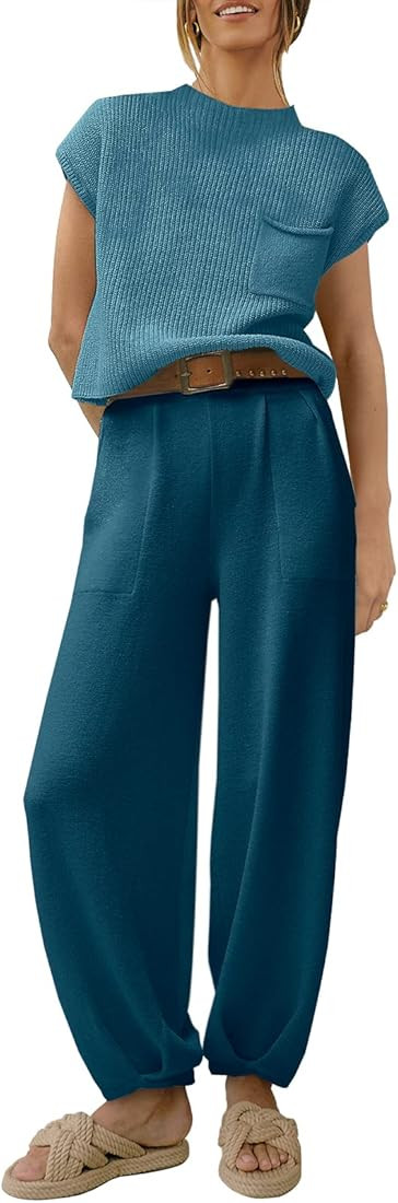 ANRABESS Women's Two Piece Outfits Sweater Sets Knit Pullover Tops and High Waisted Pants Tracksu... | Amazon (US)