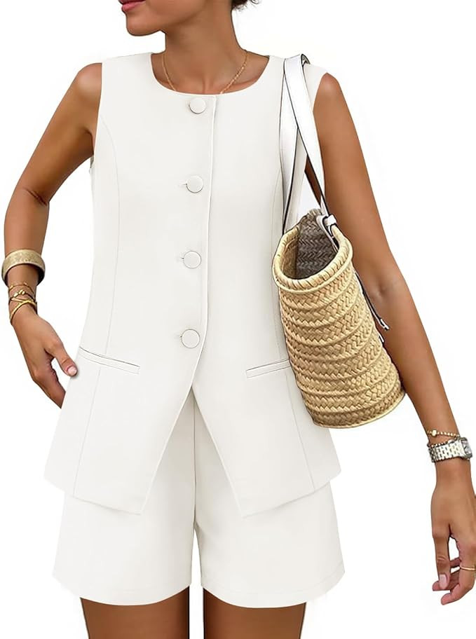 ZESICA Women's 2025 Summer 2 Piece Short Sets Sleeveless Crew Neck Suit Vest Tops High Waist Shor... | Amazon (US)