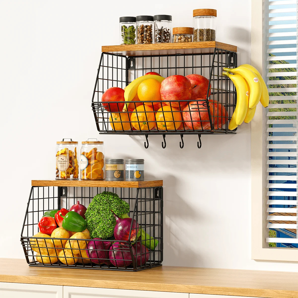 2 Pack Stackable Fruit Basket with Wood Lid for Kitchen Counter, Wall-Mountable Wire Baskets with... | Walmart (US)