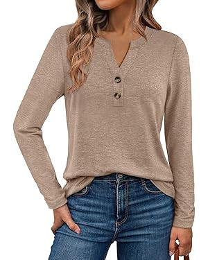 WYNNQUE Womens Long Sleeve Shirts Business Casual Outfits Dressy Tops Blouses Henley V Neck Fall ... | Amazon (US)