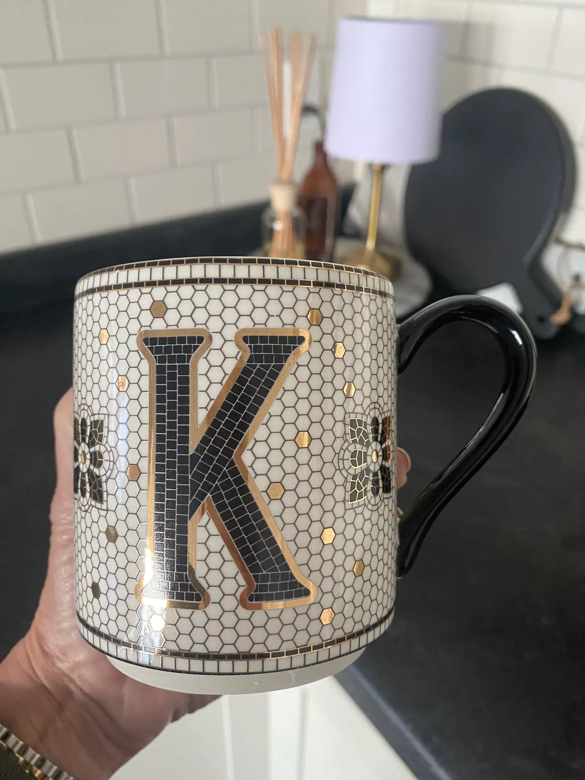 Rhinestone Initial Mug Personalized 16 oz Black Bistro Mug