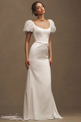 Willowby by Watters Collins Puff-Sleeve Satin Column Wedding Gown | Anthropologie (US)