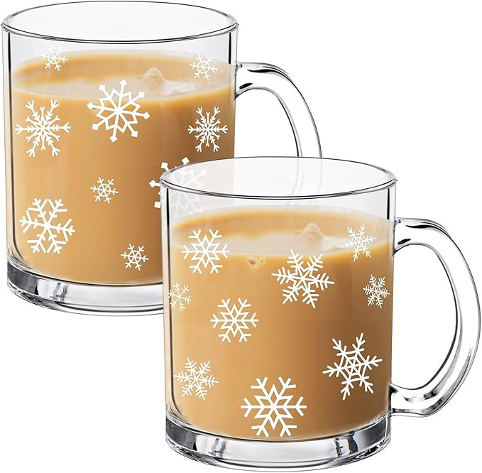 Tioncy 2pcs Christmas Snowflake Glass Coffee Mugs with Handle 12oz Christmas Snowflake Glass Cup ... | Amazon (US)