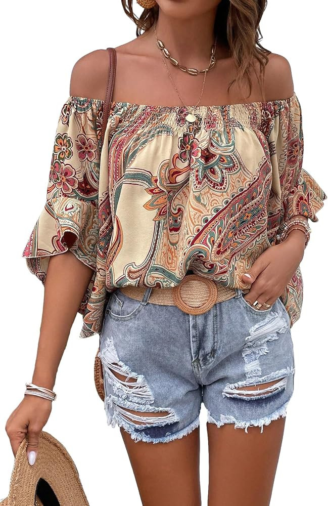 Verdusa Women's Off Shoulder Ruffled 3/4 Sleeve Floral Print Blouse Top Shirts | Amazon (US)