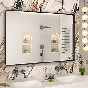 CHARMOR 48X30 Inch Black Framed Mirror for Wall, Matte Black Bathroom Rectangle Mirror, Rounded C... | Amazon (US)