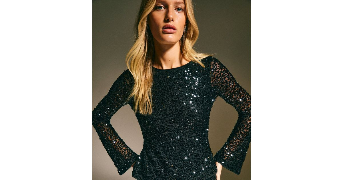 Black Sequinned Scooped Back Long Sleeve Top | New Look | New Look (UK)