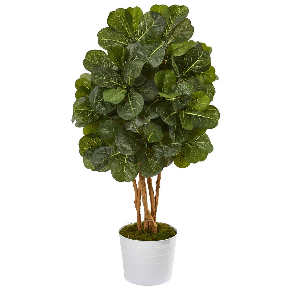 Nearly Natural 50 in. Fiddle Leaf Fig Artificial Tree in White Tin Planter | The Home Depot