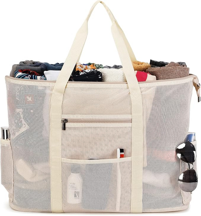 Eslcorri Mesh Beach Tote - Extra Large Beach Bag with 11 Pockets Foldable Tote Bag Women Oversize... | Amazon (US)