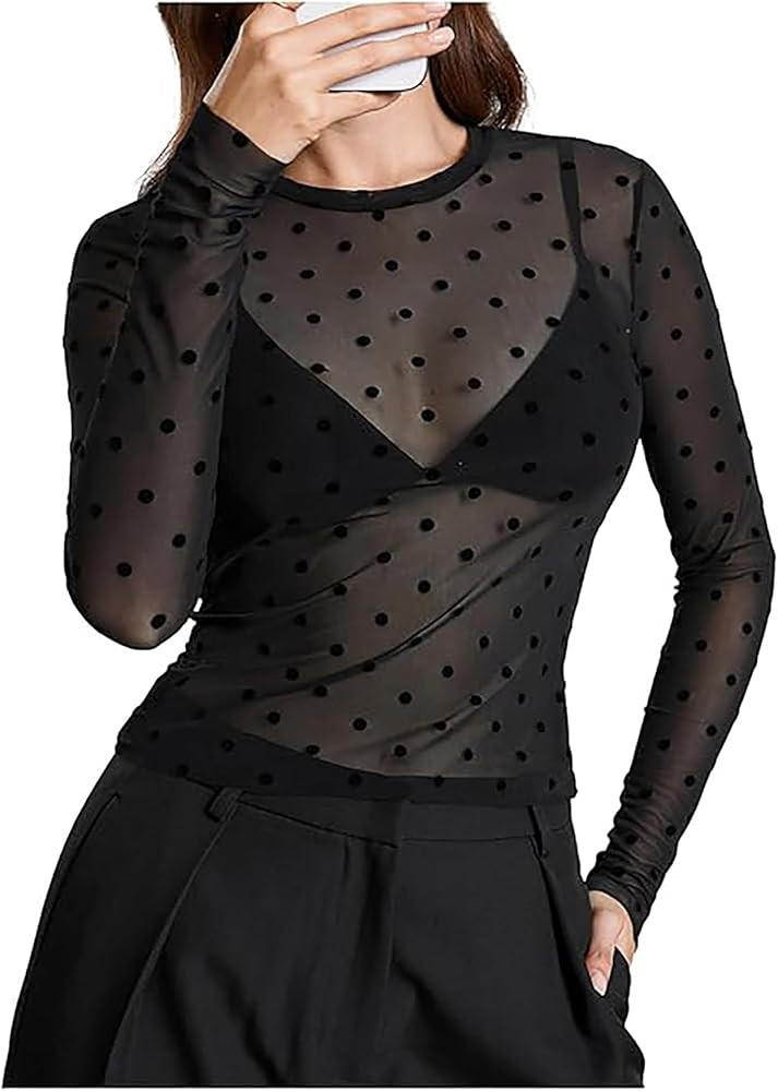 SHENHE Women's Polka Dots Sheer Mesh T Shirt Long Sleeve Round Neck Slim Fitted Streetwear Top | Amazon (US)