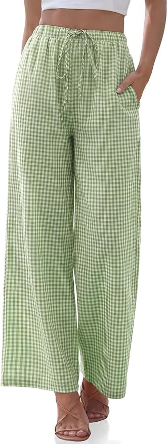 TARSE Womens Striped Wide Leg Linen Pants Drawstring Palazzo Trousers | Loose Fit Gingham, Side P... | Amazon (US)