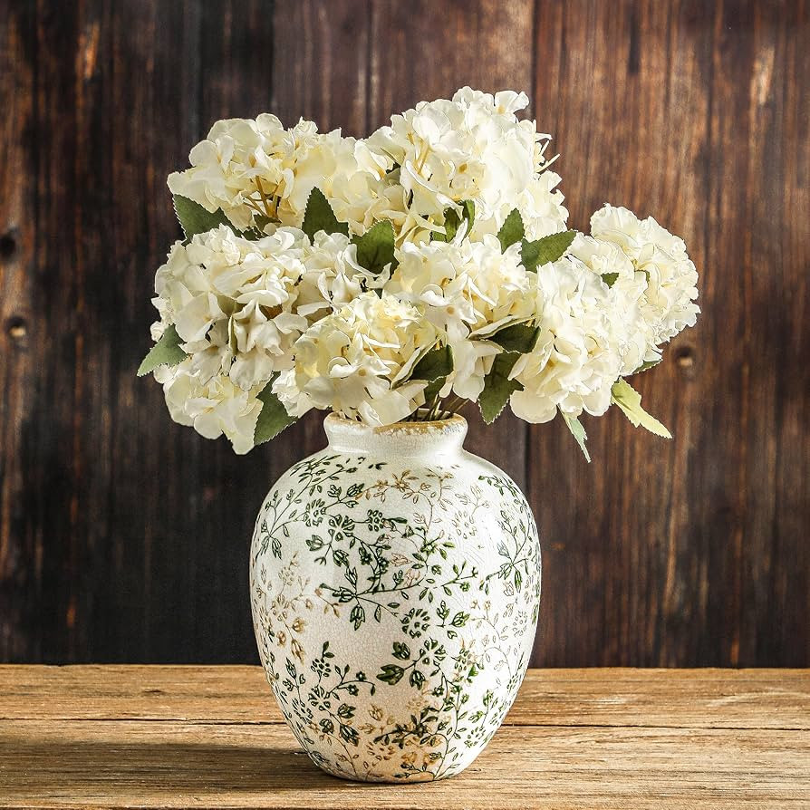 Ceramic Rustic Vase, Green and Beige Flower Vintage Decorative Vase Chinoiserie Decor Rustic Farm... | Amazon (US)