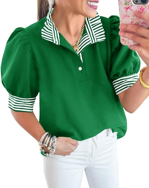 Cicy Bell Womens Summer Puff Sleeve Blouses Casual Dressy Ruffle V Neck Tops Color Block Striped ... | Amazon (US)