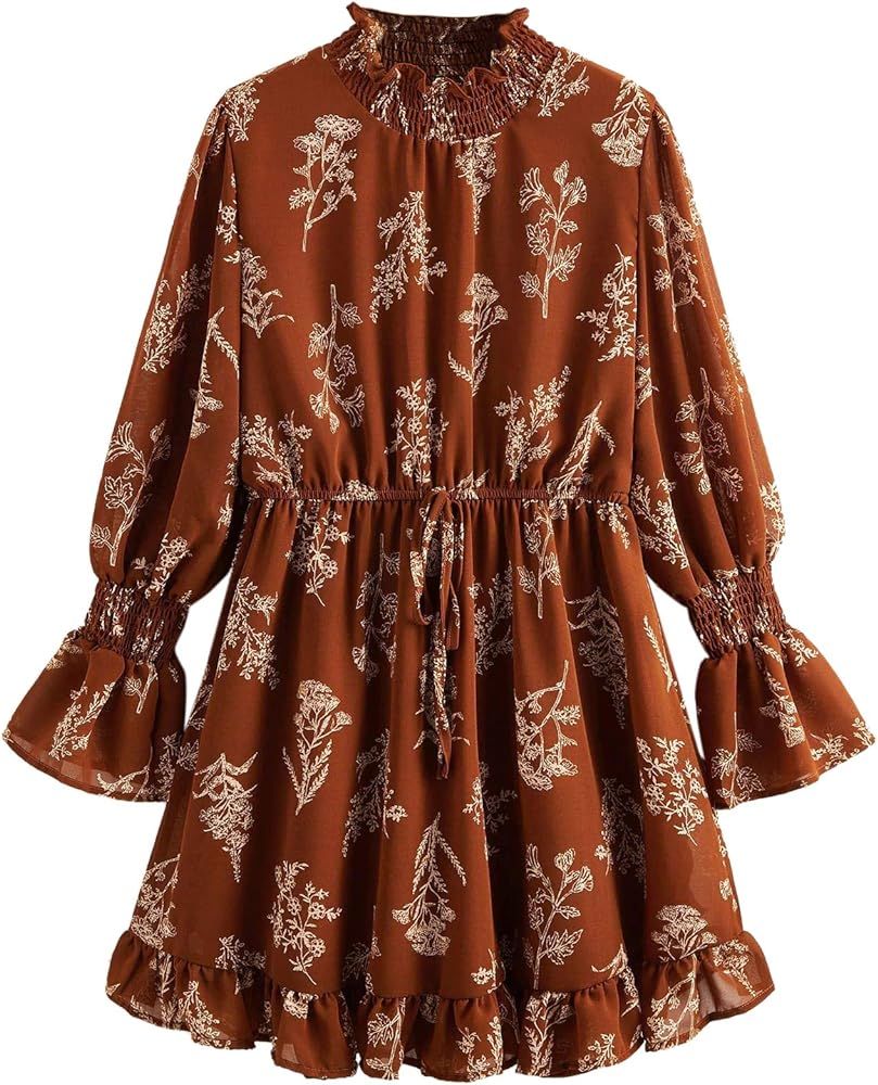 Floerns Women's Mock Neck Long Sleeve Floral Print Ruffle Short Dress | Amazon (US)