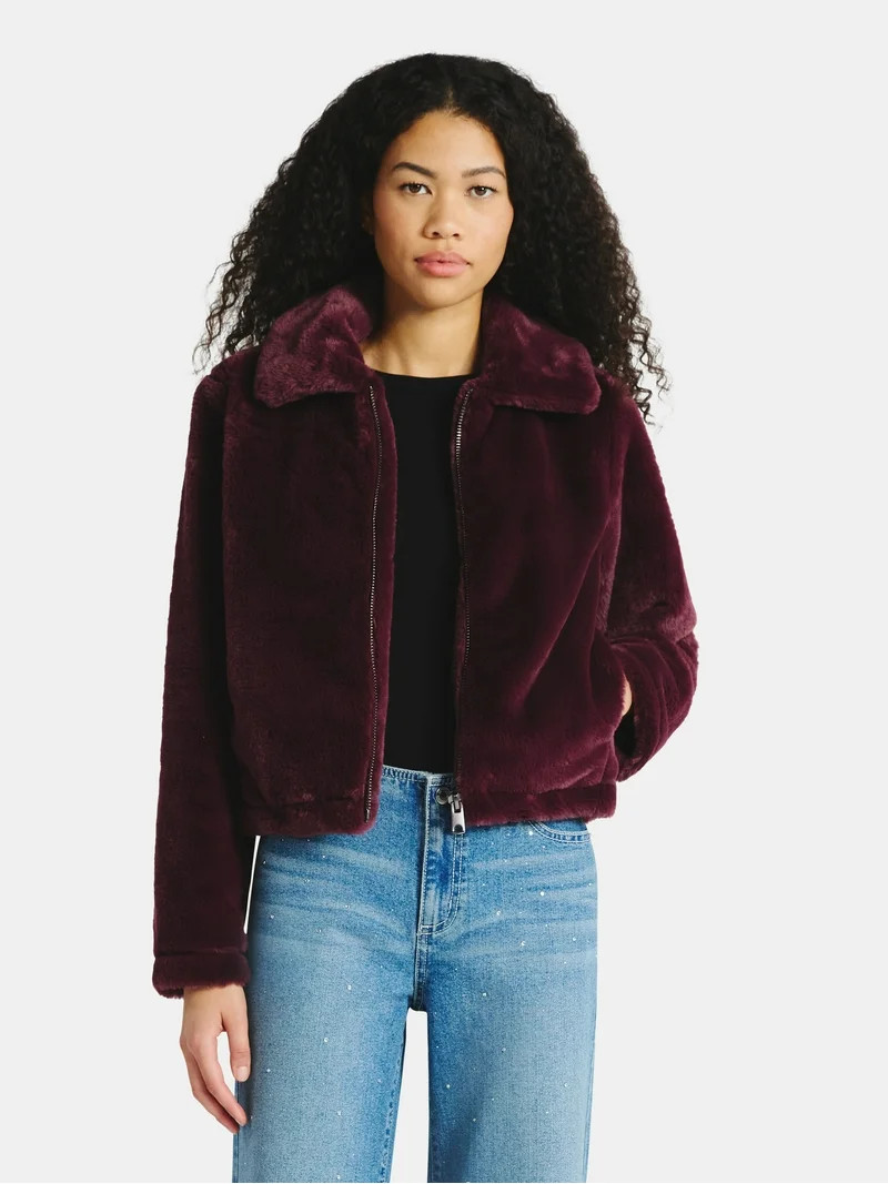No Boundaries Faux Fur Jacket, Women's | Walmart (US)