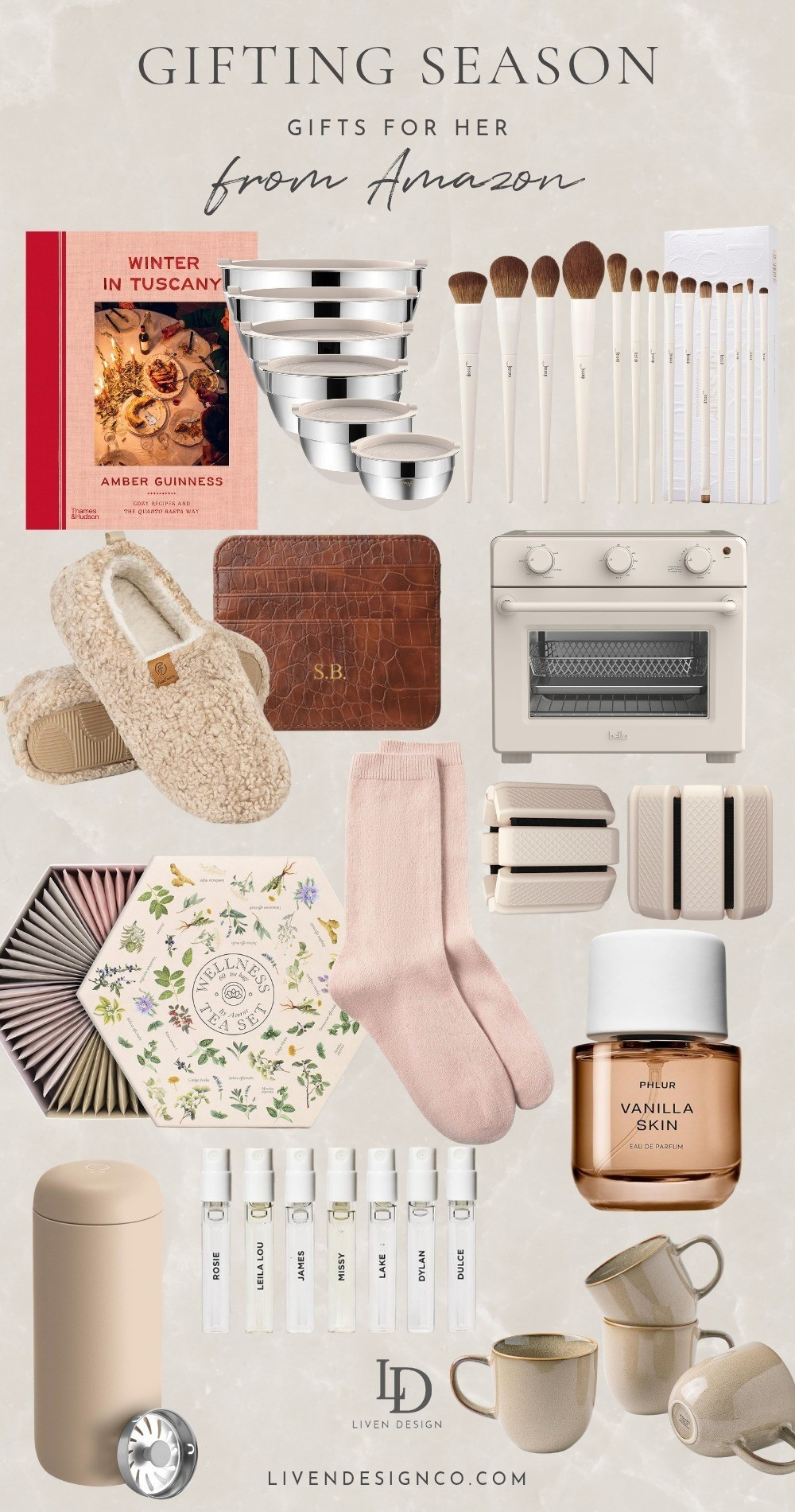 Amazon gift guide for her. Gift guide for her under $50. Christmas gift ideas. Womens gifts. Beauty. Socks. Jewelry. Pajamas. Lounge set. Sweater. Cashmere. Wine glasses. Leather waistbag. Easel stand. Serving platter. Marble chiller. Decorative bowl. Throw blanket. Under $50. Body wash. Candle. Apron. Gift for cook. Tea. Mom Gift. Girlfriend. Sister. Daughter. BFF. Gold chain necklace. Scarf. Home decor. Makeup brushes. Drinkware. Wallet. Slippers. Amazon gifts. Mixing bowls. 

 #LTKGiftGuide #LTKHoliday #LTKFindsUnder50