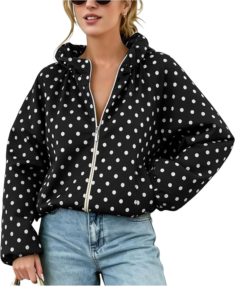 Womens Polka Dot Jacket Zip Up Cropped Bomber | Amazon (US)