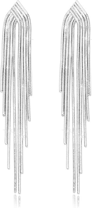 KristLand - S925 Silver/Alloy Hook Sleek Chain Tassel Drop Earrings Long Leather Fringe Dangle Si... | Amazon (US)