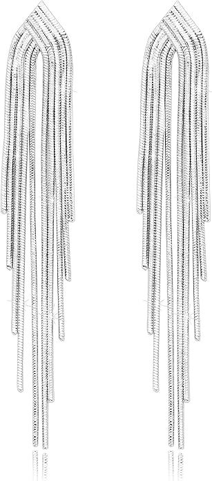 KristLand - S925 Silver/Alloy Hook Sleek Chain Tassel Drop Earrings Long Leather Fringe Dangle Si... | Amazon (US)