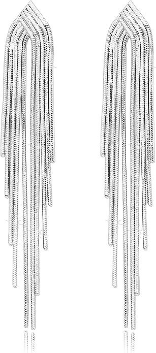 KristLand - S925 Silver/Alloy Hook Sleek Chain Tassel Drop Earrings Long Leather Fringe Dangle Si... | Amazon (US)