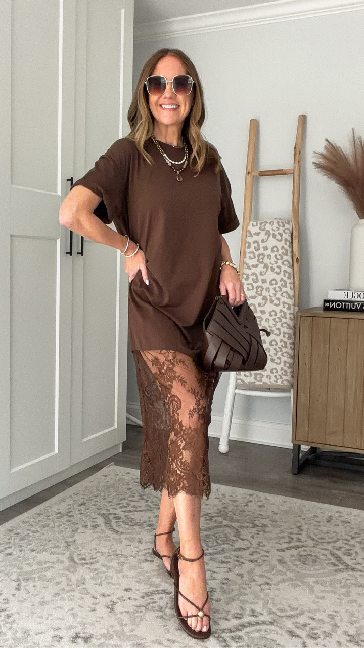 This is what happens when a basic T-shirt dress gets a VERY chic plot twist. 🤎

The relaxed tee on top + that unexpected lace skirt on the bottom?! It’s comfortable, effortless, a little edgy and looks SO much more expensive than it is.

This is exactly the kind of piece I love because you really don’t have to style it much — add heels and a great bag for dinner, swap in flats or sneakers for daytime, and you’re done.

If you love elevated casual outfits, unique dresses, chic everyday style, comfortable fashion, effortless outfit ideas, transitional fall fashion and elevated wardrobe basics, this one deserves a spot on your radar.

#FallFashion #AmazonFashion #Over40Style #ElevatedCasual #TShirtDress

#LTKSeasonal #LTKOver40 #LTKTall