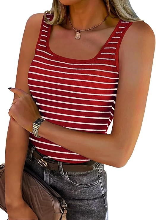 Chulianyouhuo Womens Ribbed Tank Tops Summer Striped Knit Slim Fitted Shirts Scoop Neck Sleeveles... | Amazon (US)