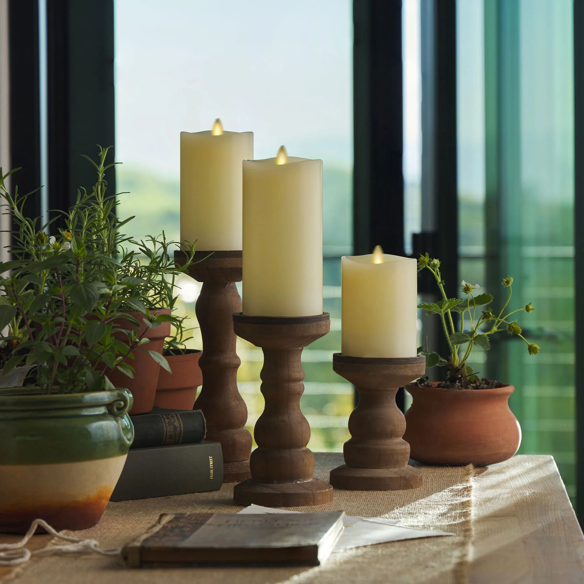 Ivory Flameless Candle Pillars with Remote - Melted Top - Set of 3 | Luminara